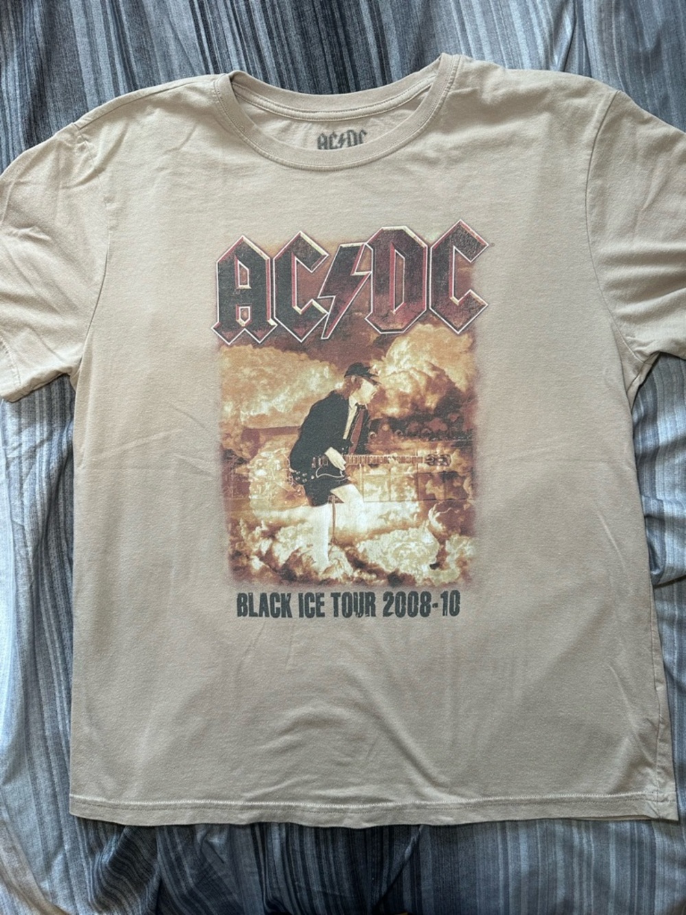 AC/DC Beige Graphic Tour T-Shirt with Red-Accent Logo